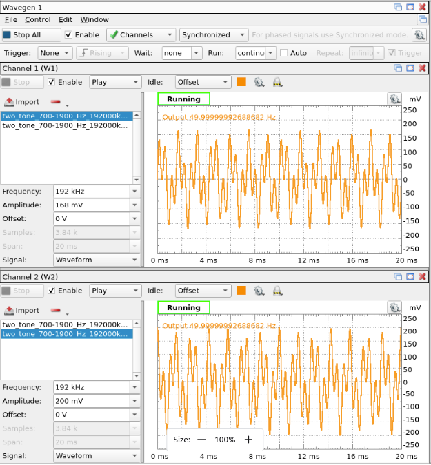 Screenshot of the wavegen function in Digilent Waveforms generating a two tone signal