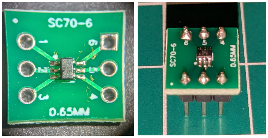 An SC70-6 footprint switch soldered into a breakout board